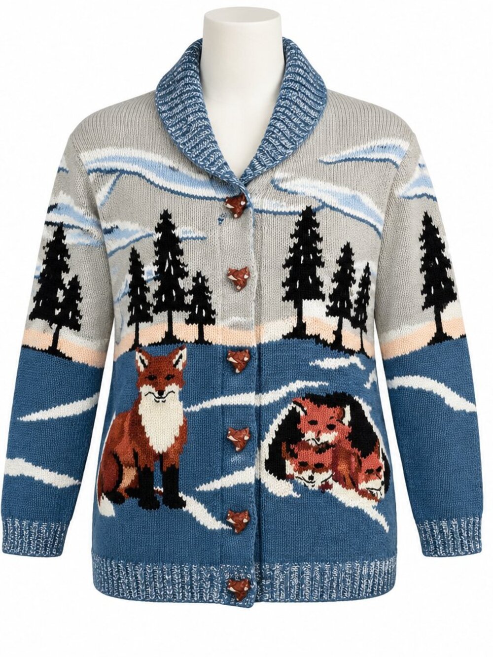 Storybook Knits Fox Sweater Cardigan Women's L Woodland Scene Angora Vintage